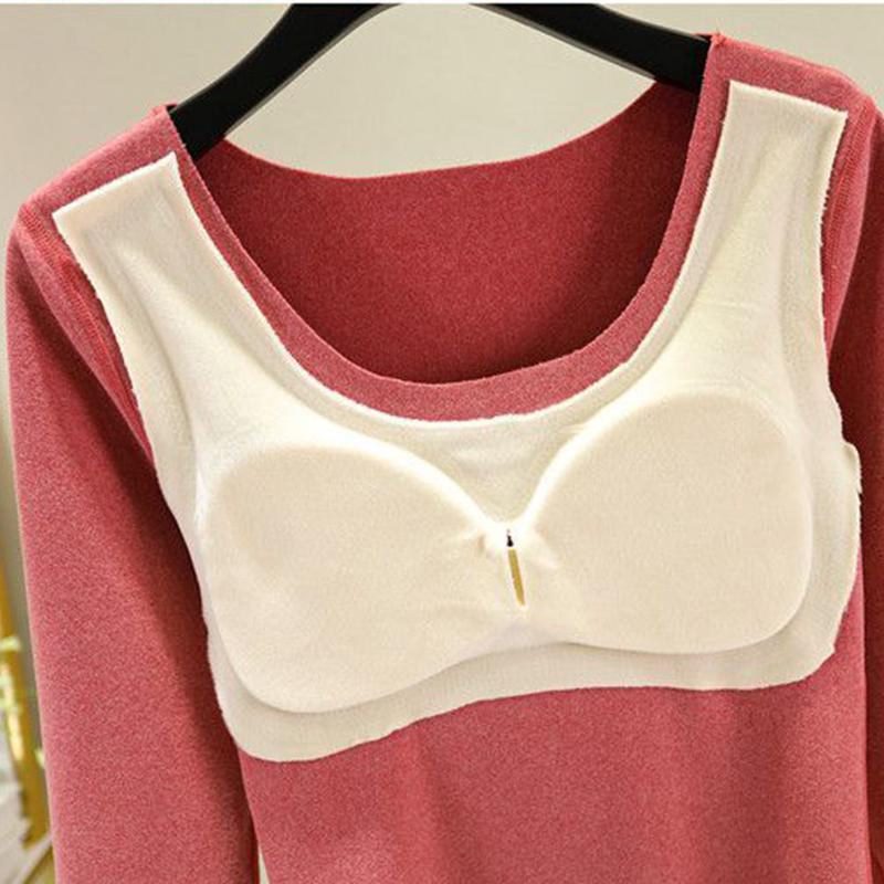 All-in-one Thermal Underwear Set with Chest Pad Two-piece Female Autumn Winter Plus Velvet Self-heating Bottoming Shirt