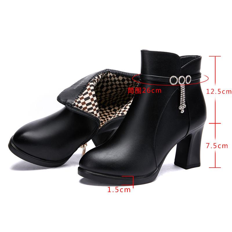 Women Boots Winter Plush Leather Snow Boots Thick High Heel Warm Ankle Boots Women's Leather Boots