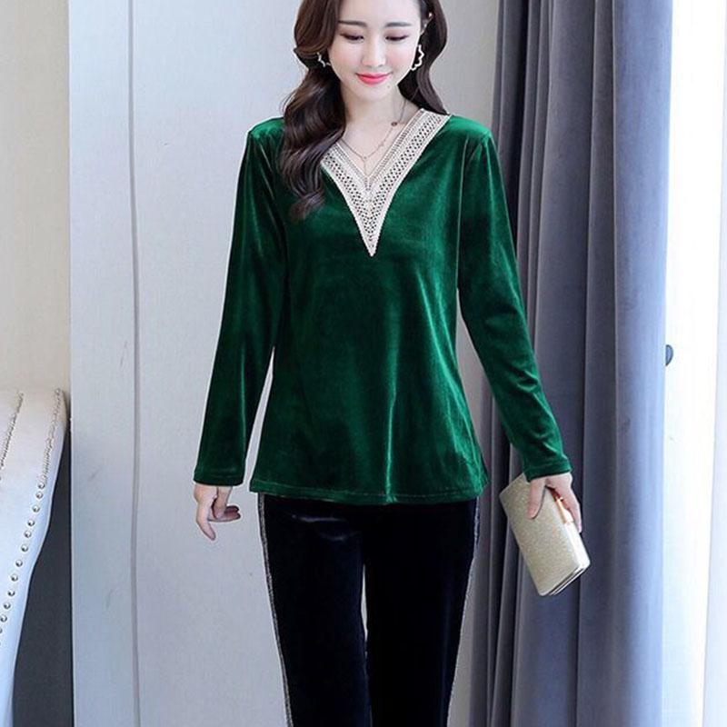 Women Sexy V-neck Golden velvet Office Blouse Elegant Long Sleeve Wild Basic Shirts Vintage Casual Ladies Top Spring Fall Pullover