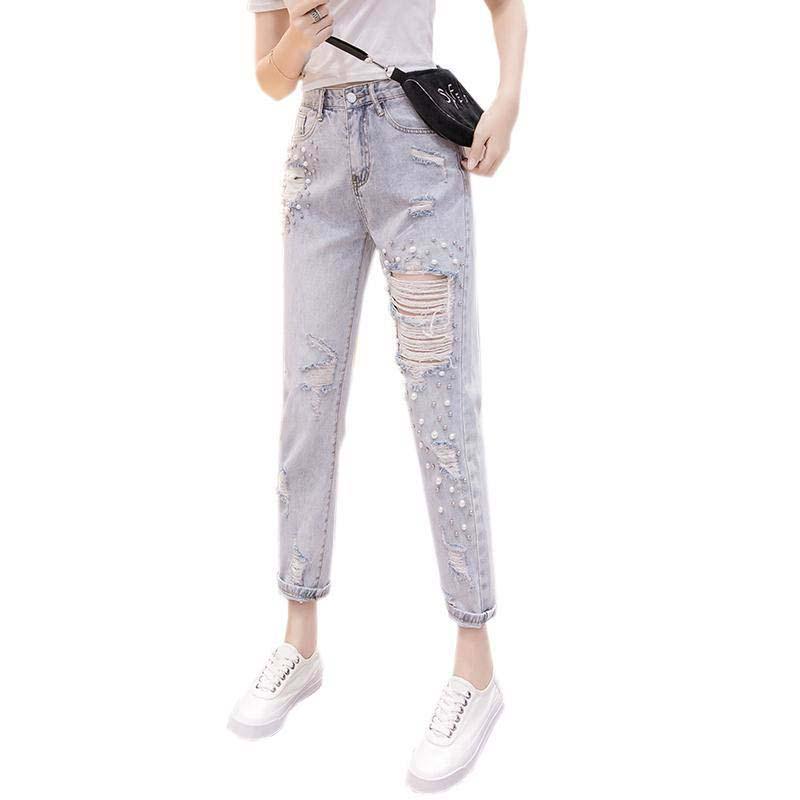 WTEMPO Beggar Pants Hole Jeans Female Pearl Models Nine Points Pants Beaded Was Thin and Versatile