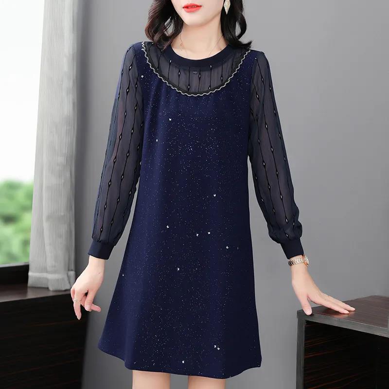 Women Black Blue Dress Solid Color Sequins Tulle Long Sleeve O-neck Spring and Autumn Large Size Loose Knee-length Size L-XXXXXL