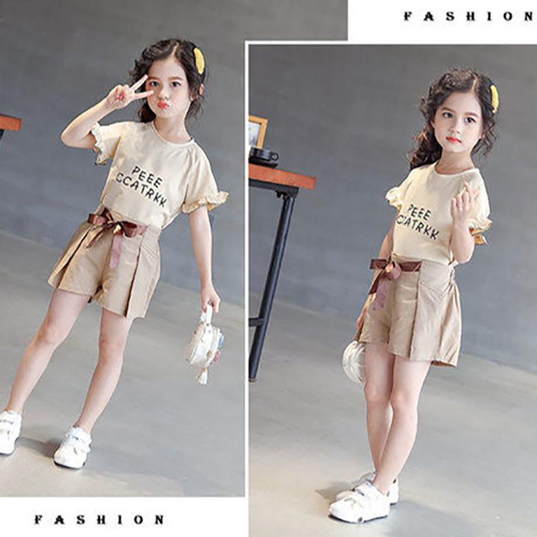 2PCS Children Clothing Set Spring Summer Solid Color Girls Suits Printing Short Sleeve Tops + Short Clothing Set