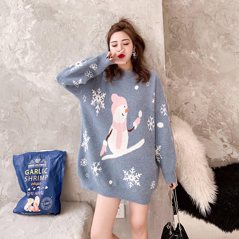 Pofulove Christmas Sweater Women's Mid-length Thick Loose Pullover Autumn Winter Snowman Sweater