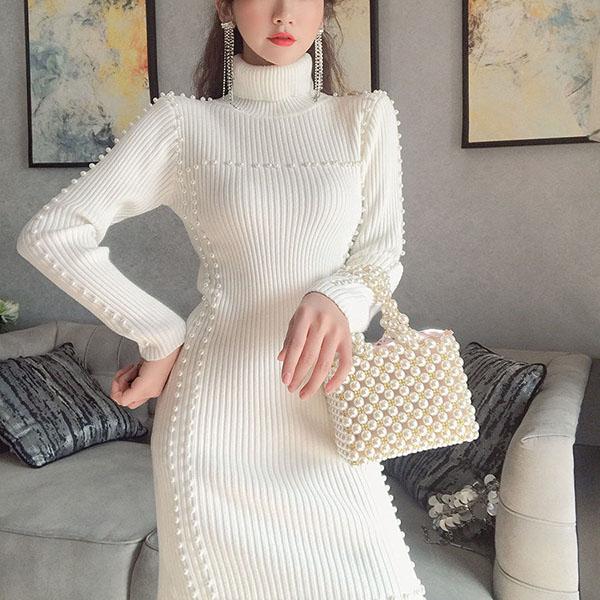 Autumn and Winter All-match Base Knitting Bead Decoration High-neck Slim-fit Hip Dress Temperament Long-sleeved Sweater Dress