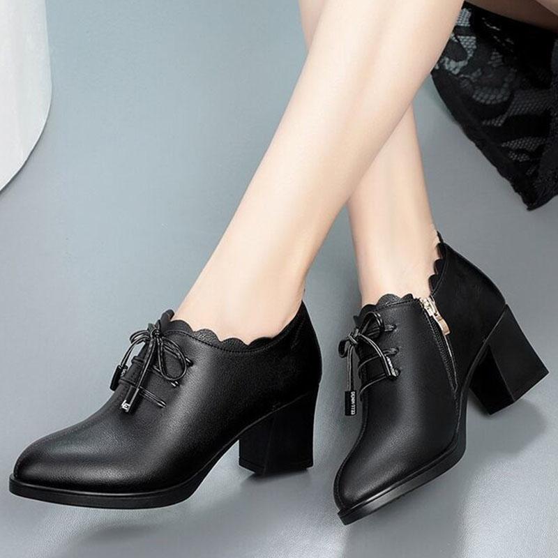 2021 Spring and Autumn New Deep-mouth Single Shoes Shoes Soft Sole Thick Heel Women's Shoes Bow Ladies Mid-heel Leather Shoes