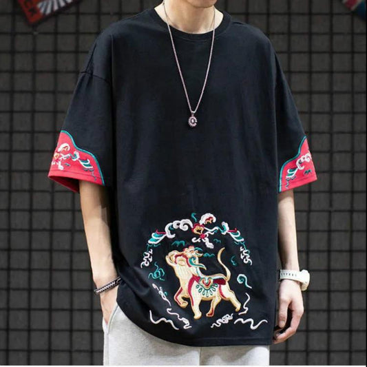 National Tide Ancient Style Animal Embroidery Short-sleeved T-shirt Male Ins Tide Couple Student Hip-hop Half-sleeved T-shirt