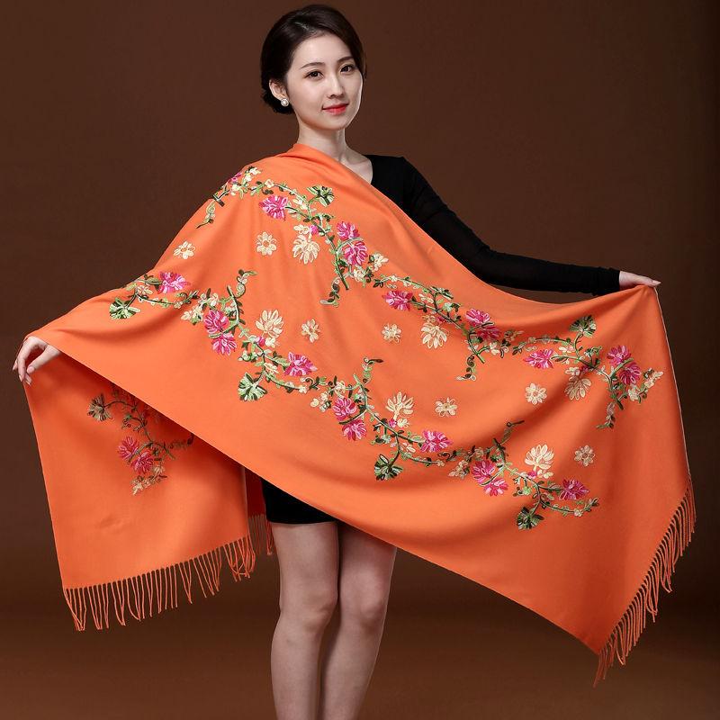 Red Embroidered Scarf Female Ethnic Style Thick Double-sided Warmth Shawl Dual-use Autumn and Winter Wild Long Section