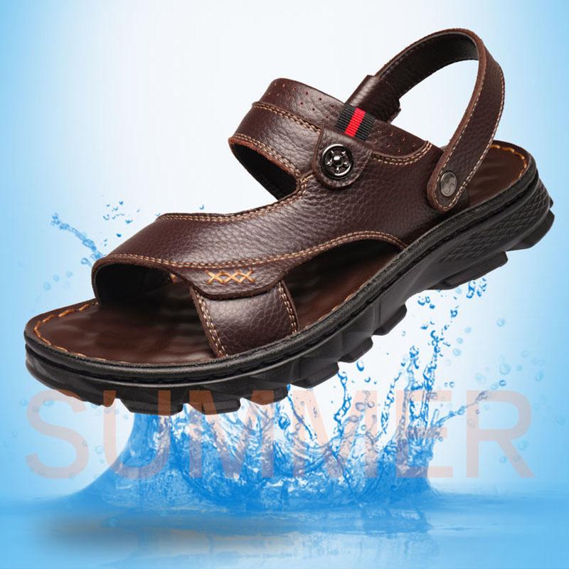 Sandals Men's New Summer Breathable Cowhide Beach Shoes Soft Sole Casual Wear Leather Dual-use Popular Sandals and Slippers