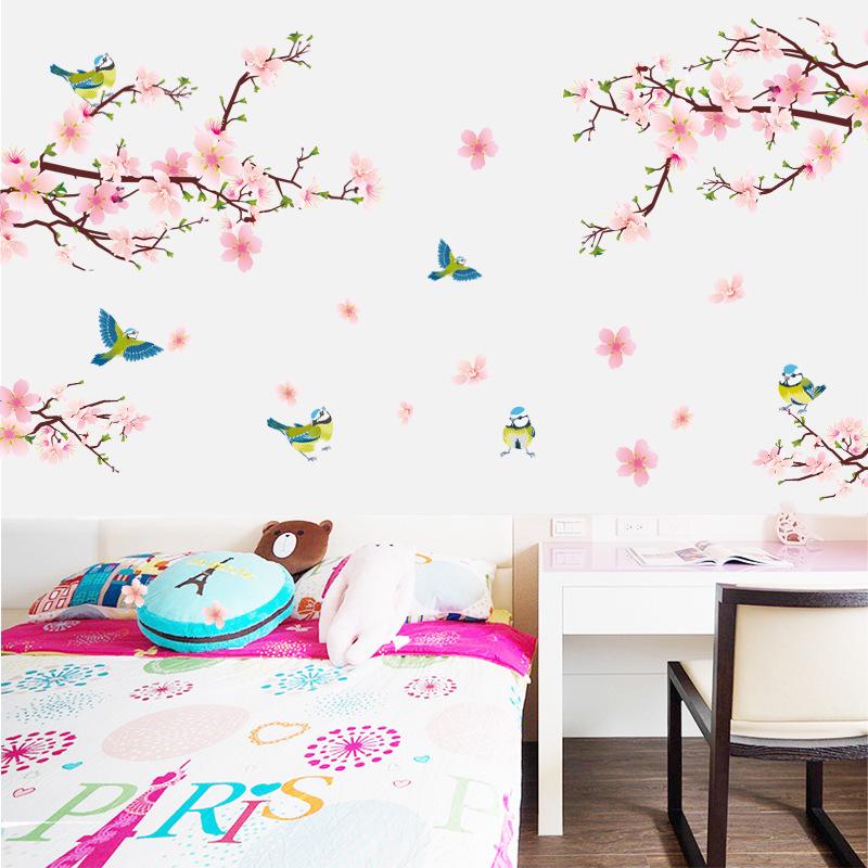 Warm romantic peach flower bird background decoration room sofa removable pvc wall stickers