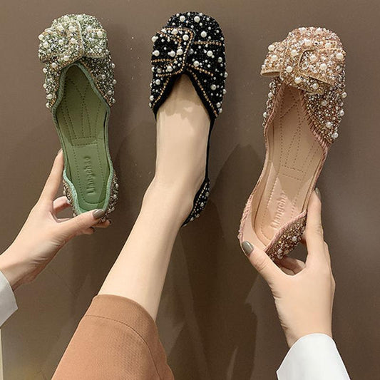 Single Shoes Women Spring and Summer Korean Version of Square Toe Flat Pearl Rhinestone Grandma Shoes Soft Sole