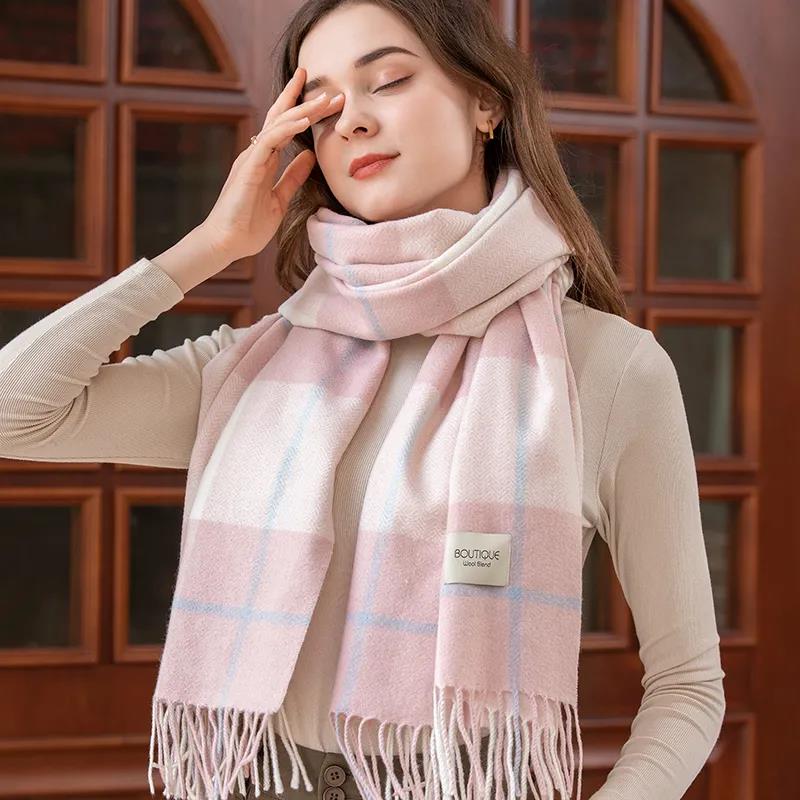 Women's Cashmere Scarf Korean Fashion Fringed Plaid Scarf Winter Dual-use Lengthened Thick Shawl Scarf