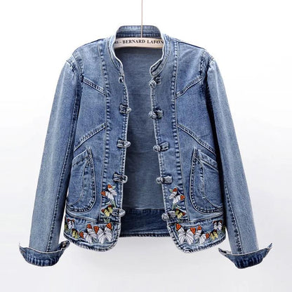 Autumn 2021 Chinese Style Embroidered Stretch Denim Jacket Women's Short Jacket Loose Retro