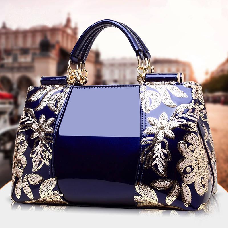 Women Embroidery Handbag Female Shoulder Bags Patent Leather Vintage Flowers Women Top-handle Tote