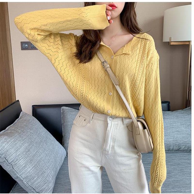 Spring and Autumn Solid Color Button Sweater Loose Fashion Cardigan Jacket Hollow Knitted Women's Top