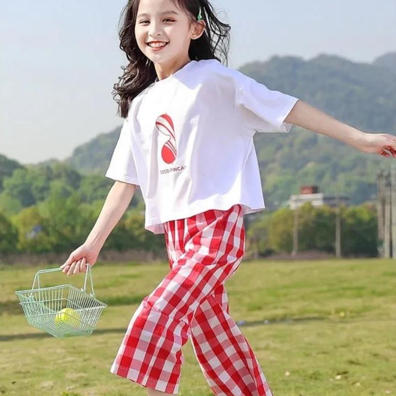 Girls' Summer Suits Big Children's Round Neck Short-sleeved Tops Girls Cotton and Linen Fashion Net Red Two-piece Suit