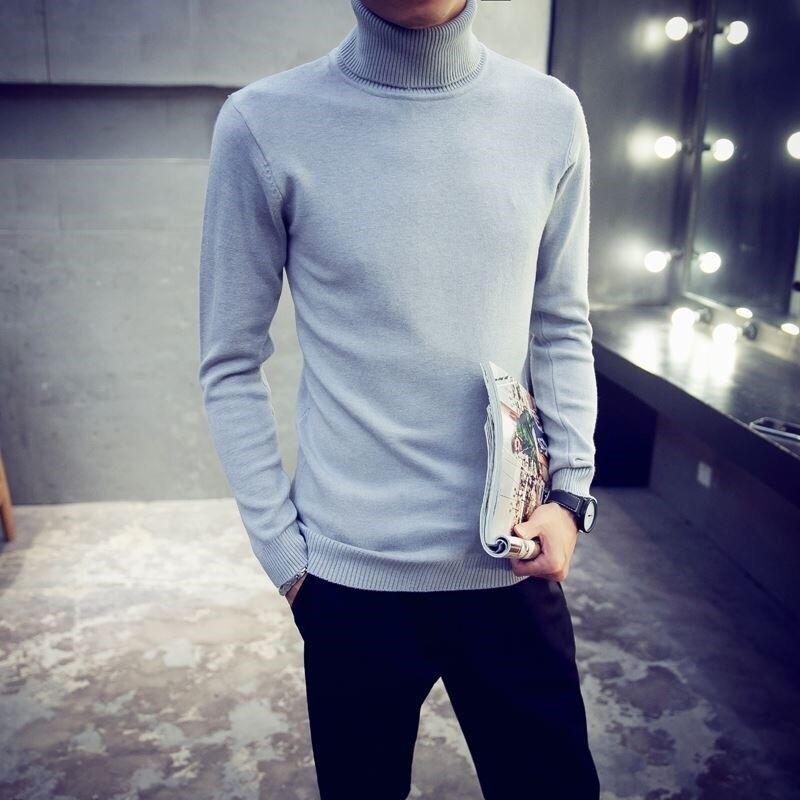 Autumn Winter Men'S Sweater Warm Men'S Turtleneck Sweater Solid Color Casual Sweater Men's Slim Fit Knitted Pullovers