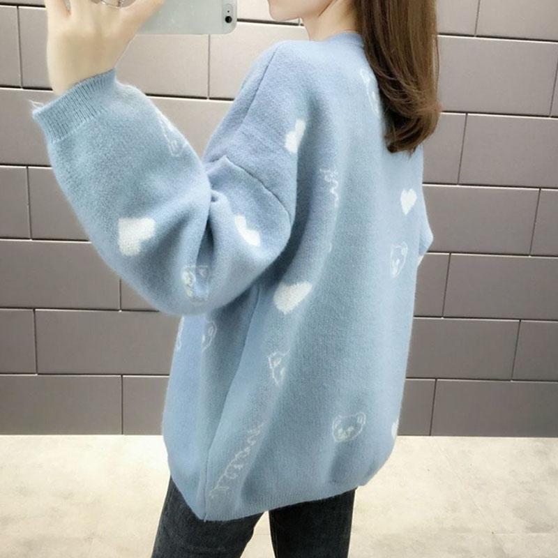 Autumn and Winter Thick Plus Size Sweater All-match Thinner Round Neck Jacket Lantern Sleeve Knitted Female Top