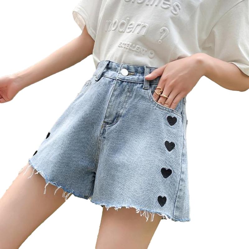 WTEMPO Heart-shaped Embroidery Washed Denim Summer Women Denim Shorts Jeans High Waist Casual Shorts