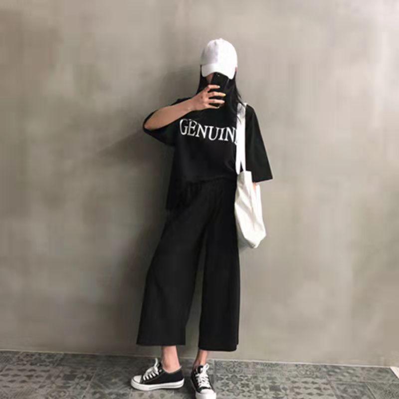 Plus Size Ladies Suit Letter Loose Short Sleeve T-Shirt Wide Leg Pants Two Piece Casual Sports Suit Athletic Girl Jogging Suits Track Suit