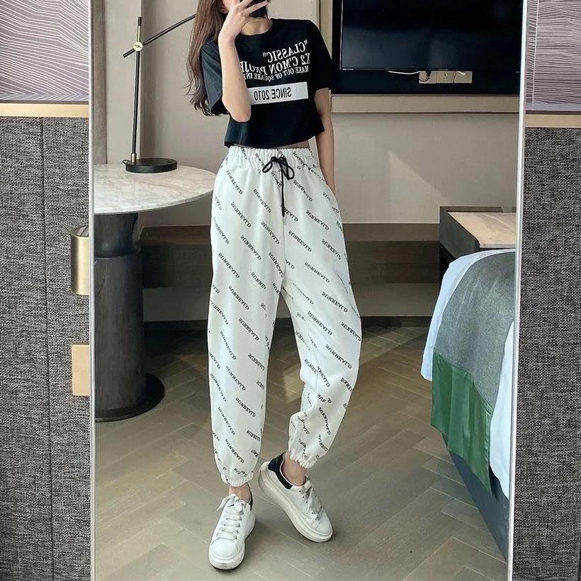 Women Summer Thin Long Pants Vintage Loose Letter Pattern Printed Sport Knickerbockers Versatile Elastic Waist Jogger Pants