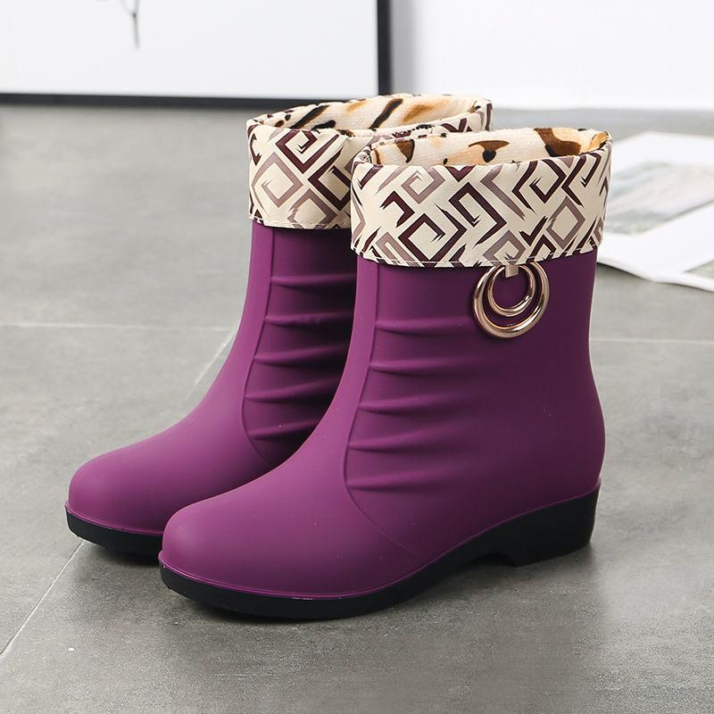 Anti-slip and Waterproof Women's Adult Rain Boots Plush Warm Rain Boots Korean Version of Waterproof Shoes Women Mid-tube Boots