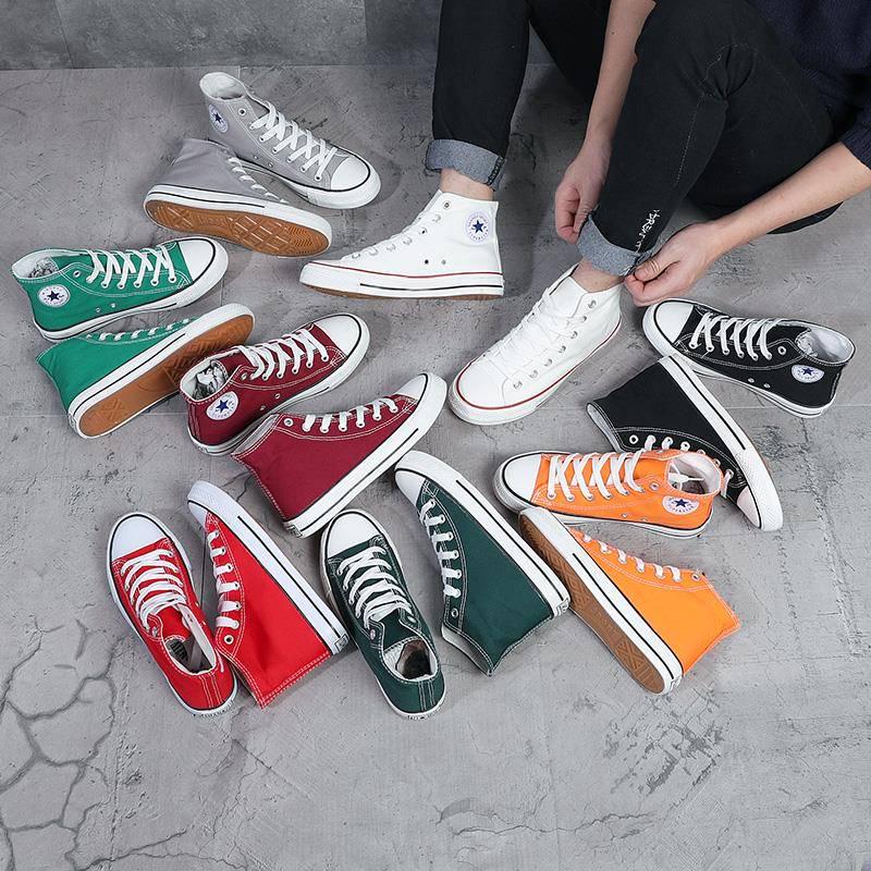 High-top canvas shoes men's flat solid color casual board shoes students wild Gao Bang couple shoes