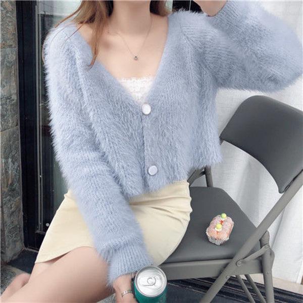 Autumn and Winter Imitation Mink Short Coat Long-sleeved Knitted Cardigan Long-haired Solid Color V-neck Sweater