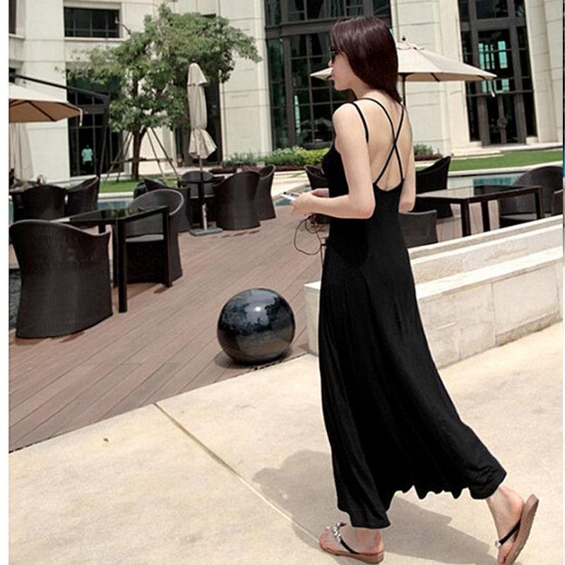 Pofulove Summer Spaghetti Strap Dress backless elastic cotton Long Maxi Dress beach party dress