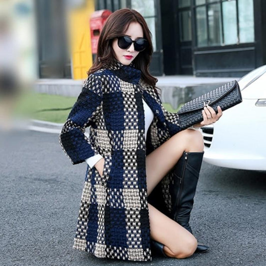 Women's Woolen Coat Winter Autumn  Winter Mid-length Slim-fit Large Size Plaid Coat Stand Up Collar Tweed Jacket