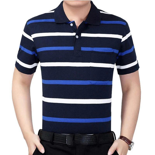 Summer Short-sleeved T-shirt Male Middle-aged Striped Dad Outfit Lapel    Shirt Loose Half-sleeved Shirt with Real Pockets