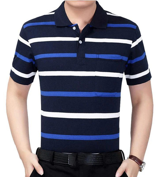 Summer Short-sleeved T-shirt Male Middle-aged Striped Dad Outfit Lapel    Shirt Loose Half-sleeved Shirt with Real Pockets