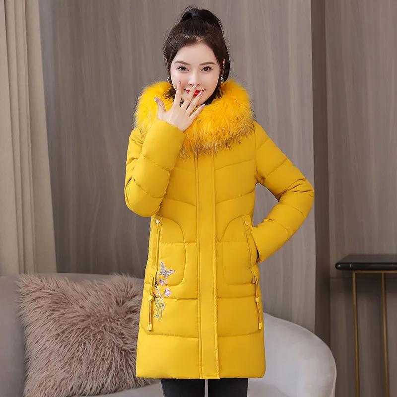 Down Jacket Winter Ladies Fashion Korean Big Fur Collar Thick Warm Hooded Mid-length Plus Size Cotton Jacket