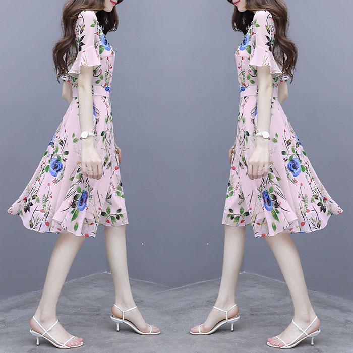 Pofulove S-2XL Women Summer High-end Floral Chiffon Dress Short-sleeved V-neck A-line Sun-dresses