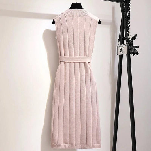 Autumn Vest Knitted Vest Skirt Women Sleeveless Sweater Dress Long Over-the-knee Vest Solid Color Dress