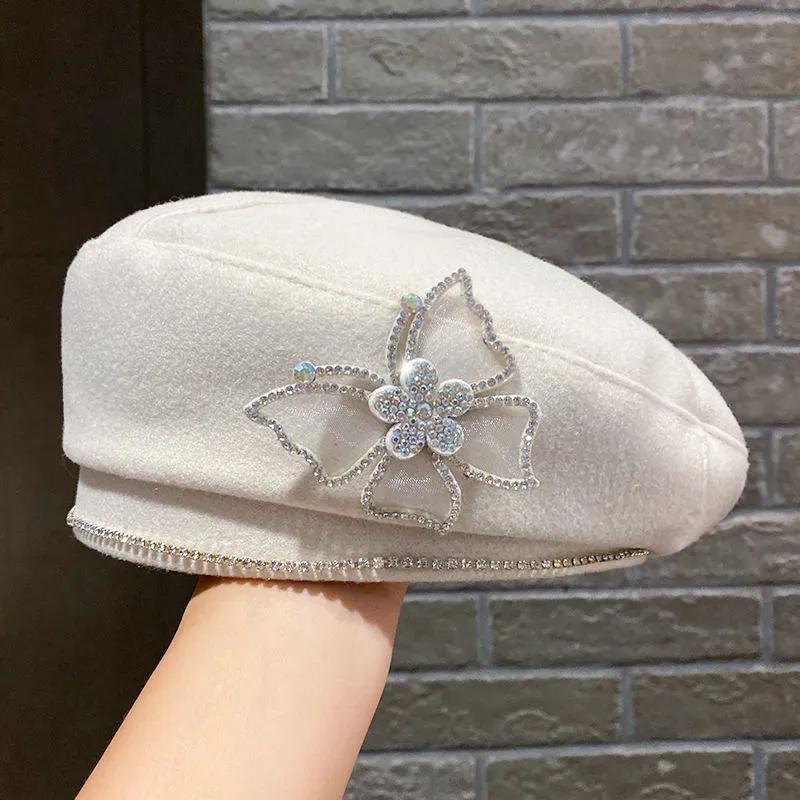 Women's Rhinestone Butterfly Wool Blend Beret Hat Spring Autumn All-match Elegant Retro Painter Hat Solid Color Baker Hat