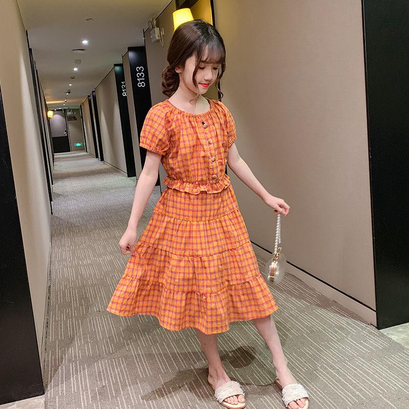 Girls Summer Korean Cake Skirt Suit Girl Western Style Cotton Plaid Short-sleeved Skirt Two-piece