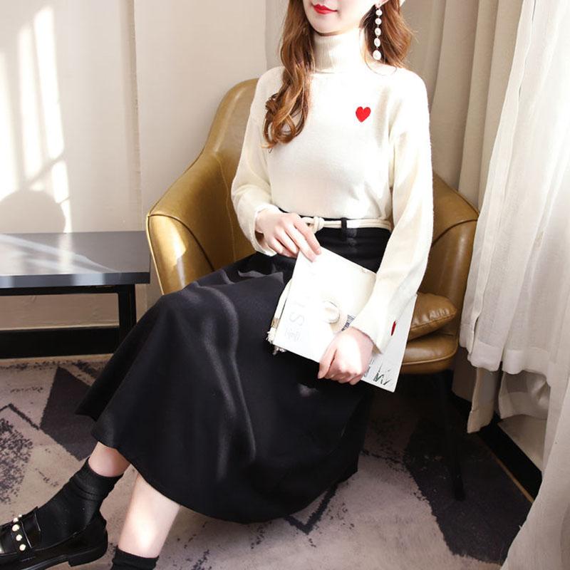 Thin Women Turtleneck Pullover+Black Woolen Skirt Two Piece Knitted Bottoming Skirt Set Top