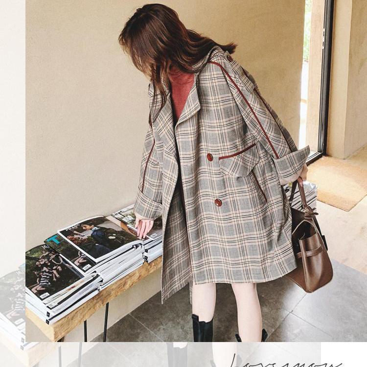 Women's Mid-length Retro Plaid Trench Coat Small Fashion Loose British Style Coat Jacket