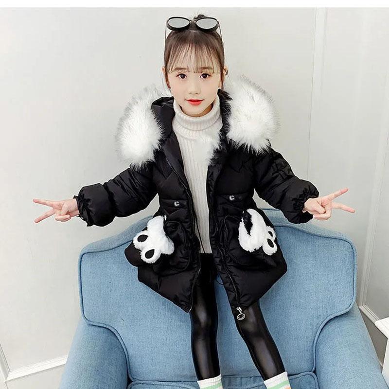 Girls Plus Velvet Thick Warm Cotton Coat Winter Korean Windproof Cotton Clothing Mid-length Cotton-padded Jacket with Gloves