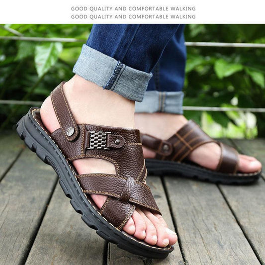 New Summer Top Layer Cowhide Sandals Men's Leather Breathable Beach Shoes Trendy Casual Leather Sandals and Slippers