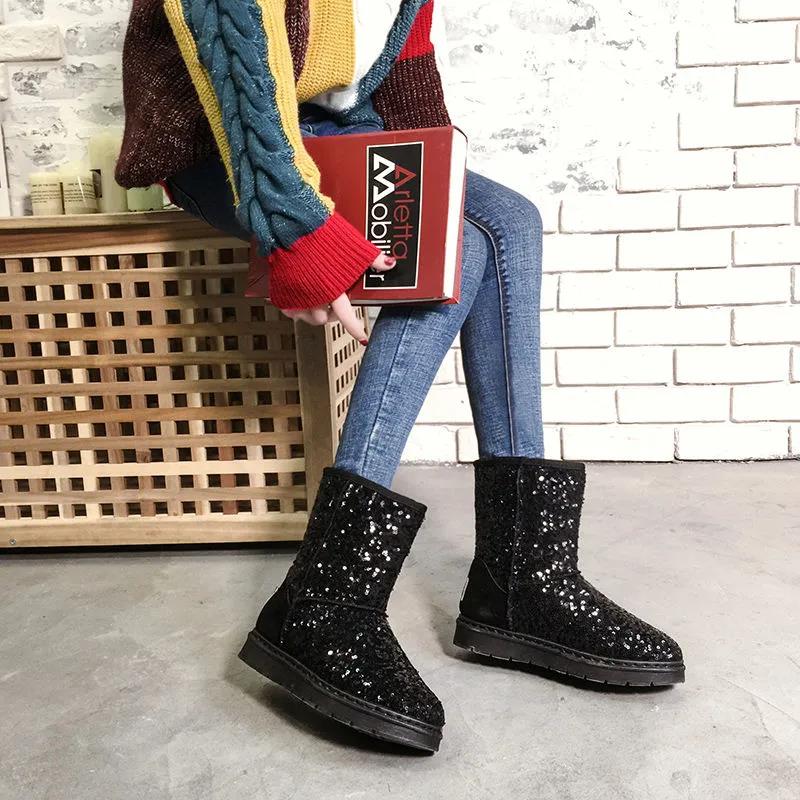 Snow Boots Women's Mid-tube Winter Korean Version of All-match Sequined Cotton Shoes Plus Velvet Warm Non-slip Boots