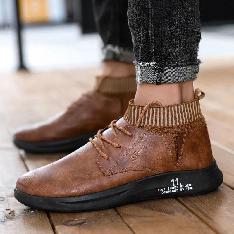 Spring and Autumn Men's Leather Shoes Socks Mouth Leather Shoes Casual Business Shoes Sports Leather Shoes Wear Resistant Waterproof