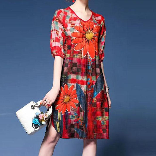 Women Summer Short Sleeve V-neck Vintage Casual Dress Elegant Loose Floral Printed Pleated Mid-length Dress