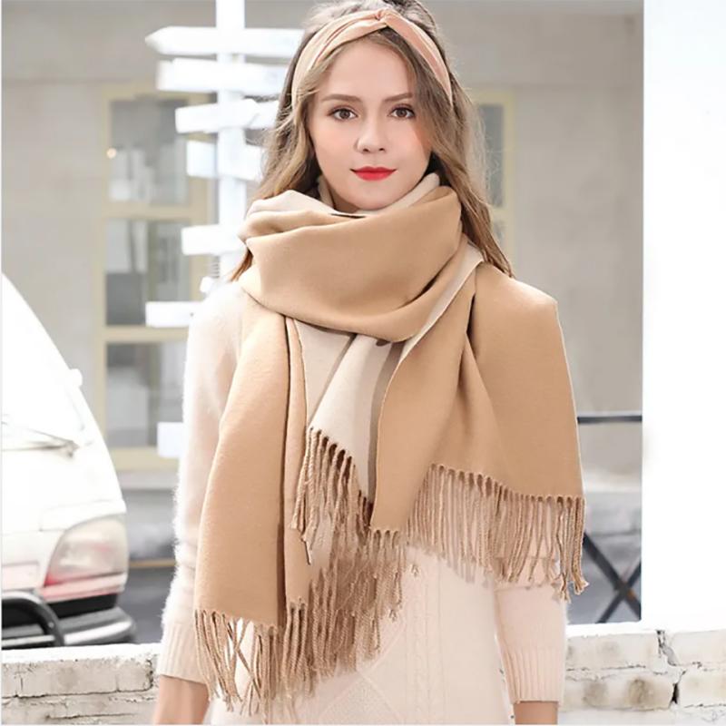 Scarf Women Korean Rabbit Hair Double-sided Two-color Thick Solid Color Shawl Dual-use Warm Tassel Scarf