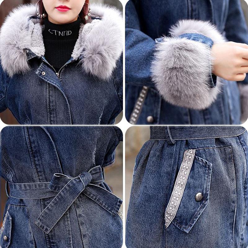 Ladies Winter Jacket Cashmere Thick Denim Hooded Coat with Big Fur Collar Parka