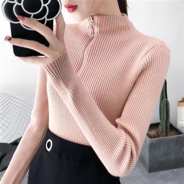 Autumn and Winter Slim-fit Waist Top with Zipper Solid Color Long-sleeved Bottoming Shirt Half Turtleneck Elastic Sweater