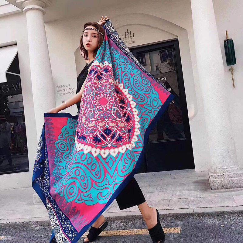 Autumn and Winter Women's Scarf Chinese Style Printed Shawl Sunscreen Silk Scarf Shawl Seaside