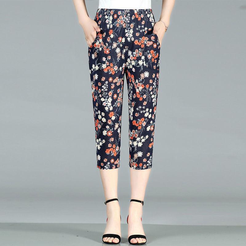 Cropped Pants Summer Thin Section Middle-aged and Elderly Women's Pants Large Size High Waist Casual Pants Straight Flower Pants