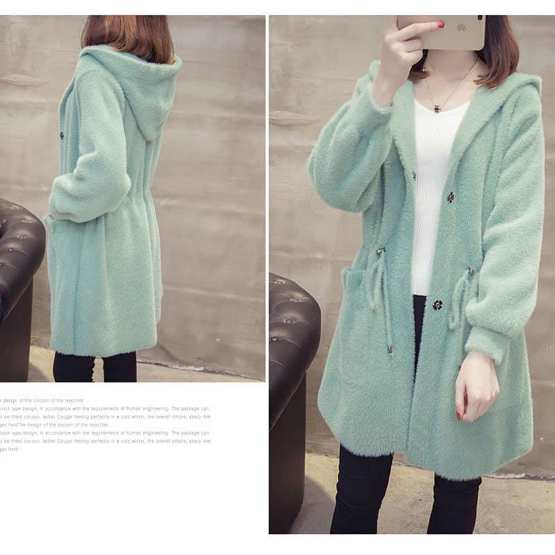 Autumn and Winter Imitation Mink Cardigan Hooded Loose Mid-length Lazy Sweater Large Size Thick Coat Women