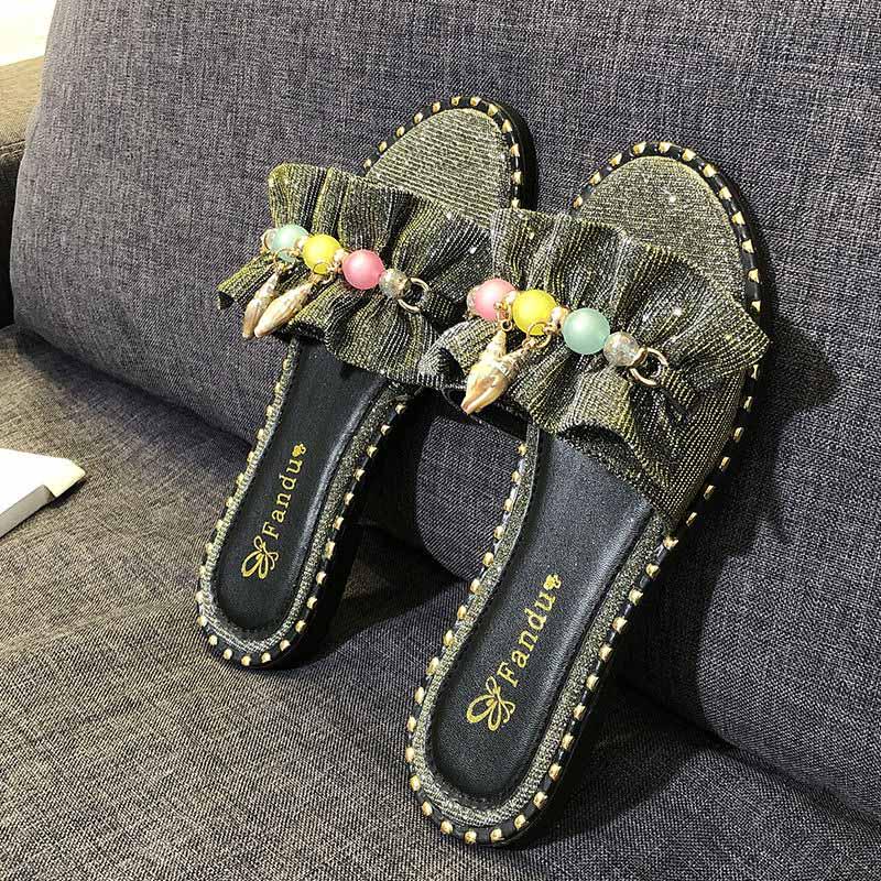 Plus Size 35-40 Summer Women Outdoor Leather Flat Bohemian Beach Wear-resistant Non-slip Office Lady Bead Sandals